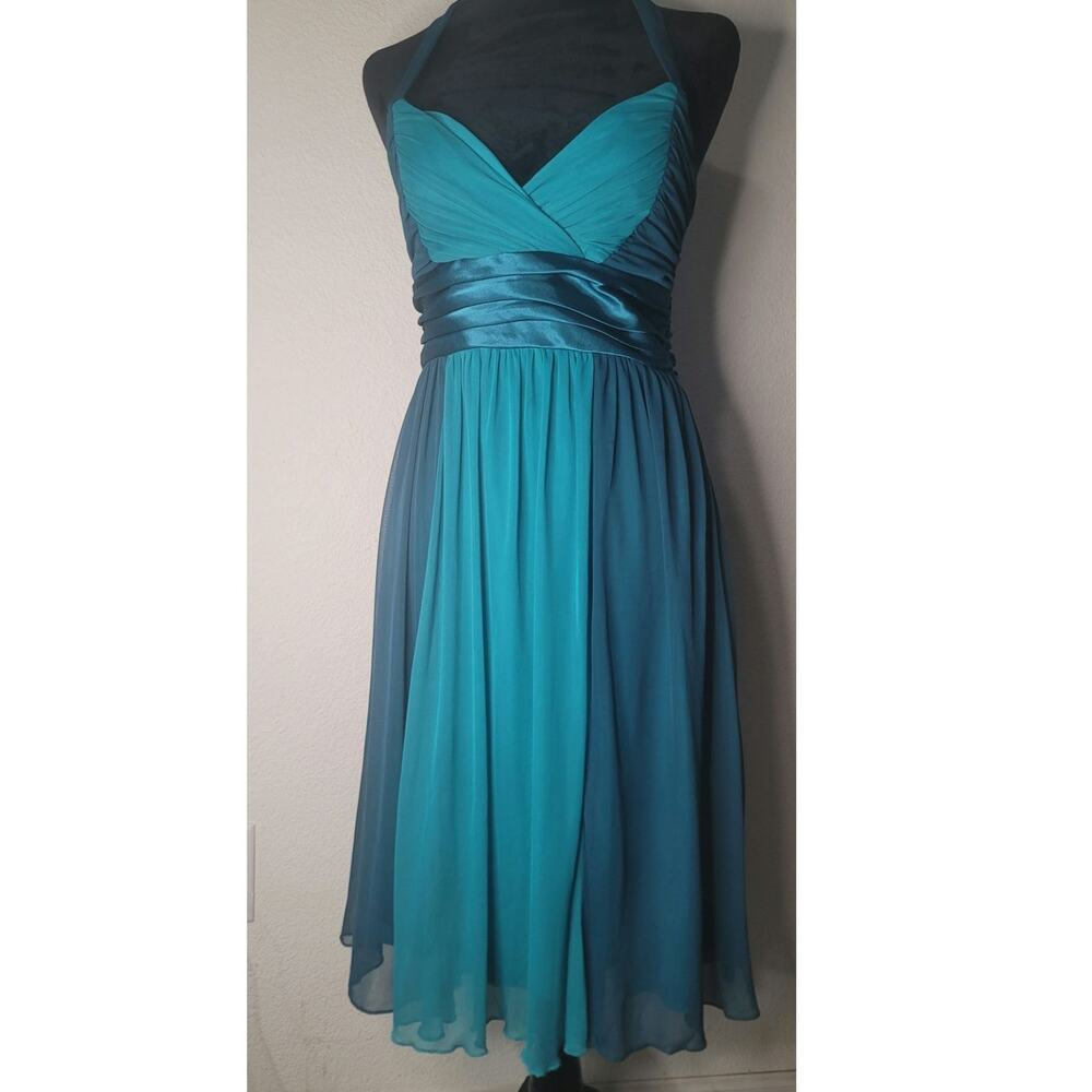 Turquoise City Triangles Pleated Cocktail Chiffon Overlay Halter Dress Sz Small